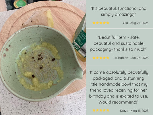 Greenish blue garlic grater plate with herb stripper and spout in matte speckled finish