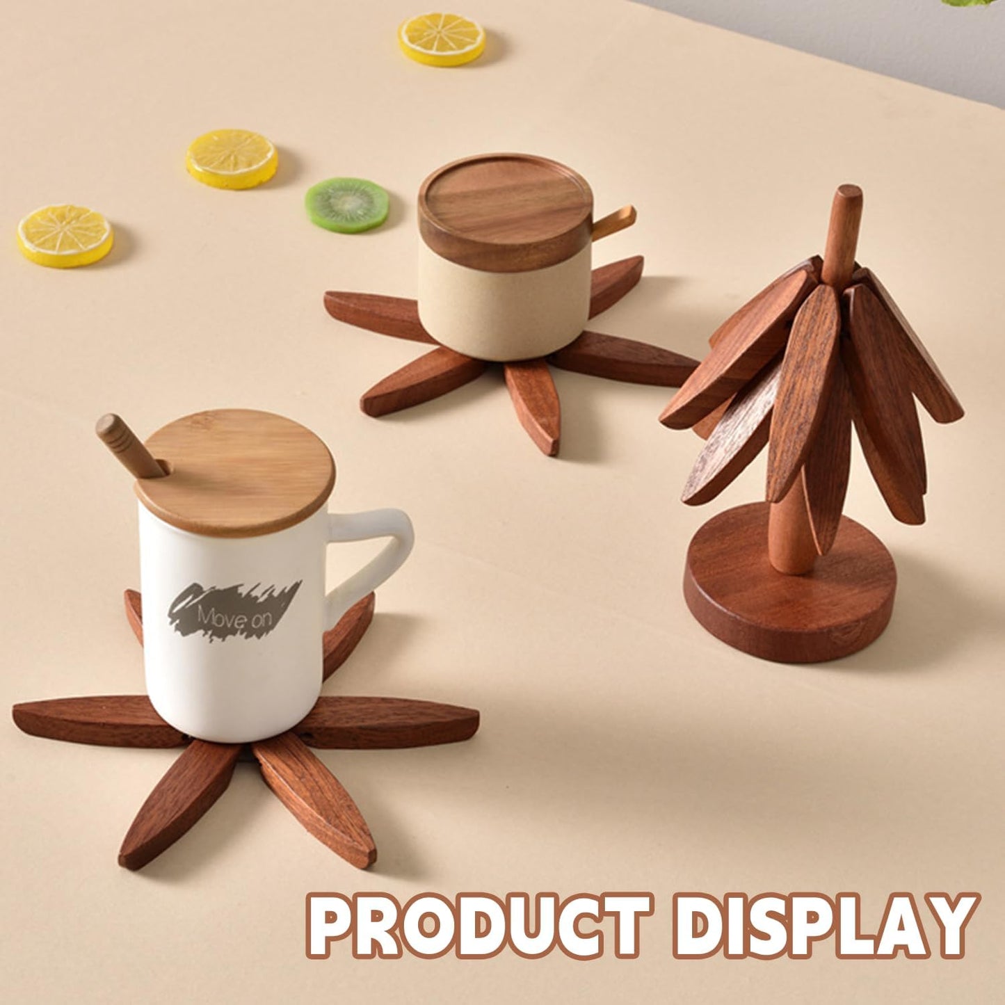 Natural Tree Trivet Set - 4 bamoo Trivets & 1 Stand Like a Christmas Tree