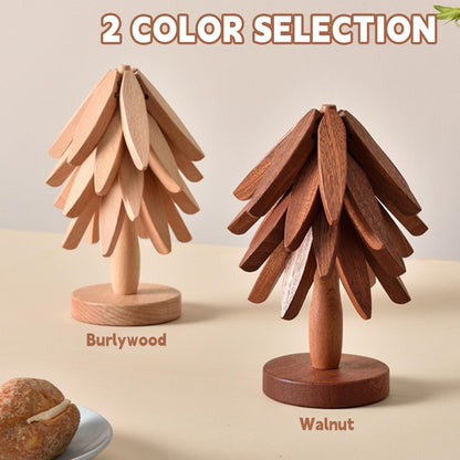 Natural Tree Trivet Set - 4 bamoo Trivets & 1 Stand Like a Christmas Tree