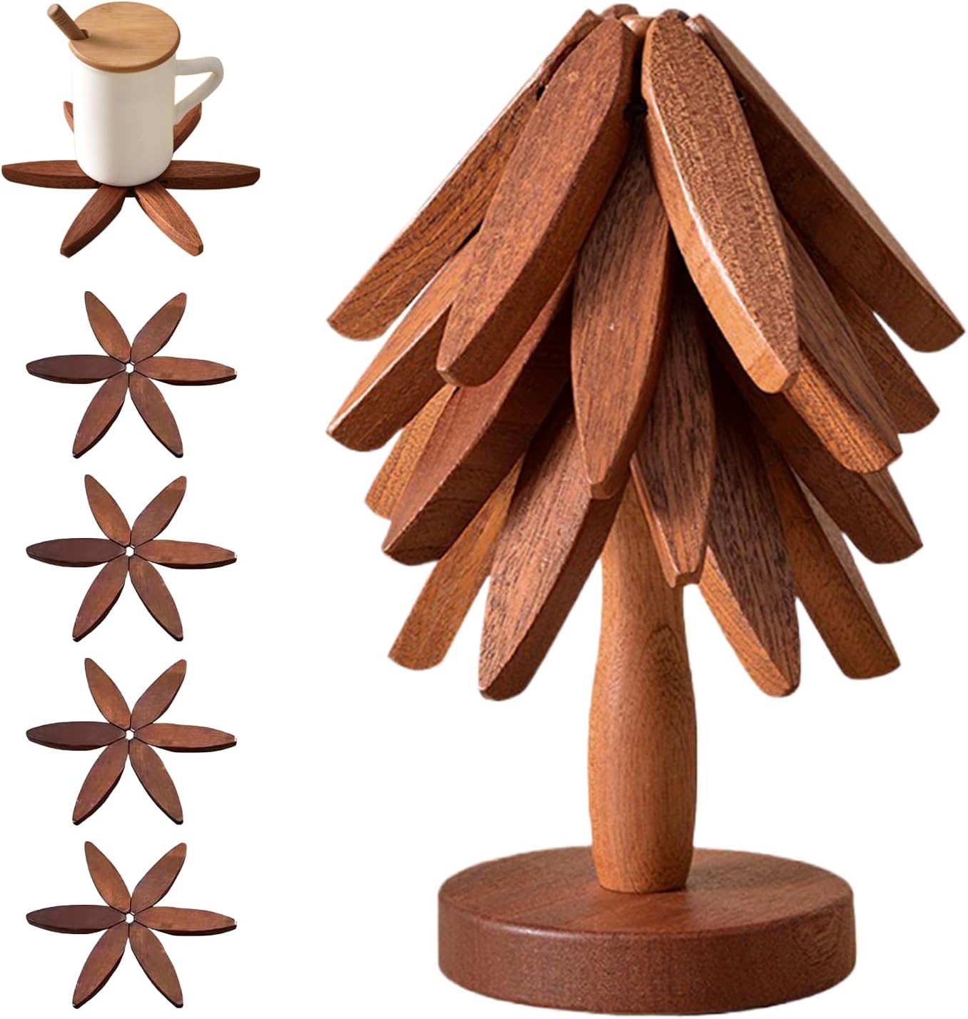 Natural Tree Trivet Set - 4 bamoo Trivets & 1 Stand Like a Christmas Tree