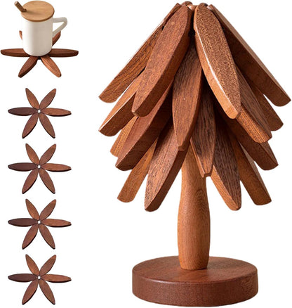 Natural Tree Trivet Set - 4 bamoo Trivets & 1 Stand Like a Christmas Tree