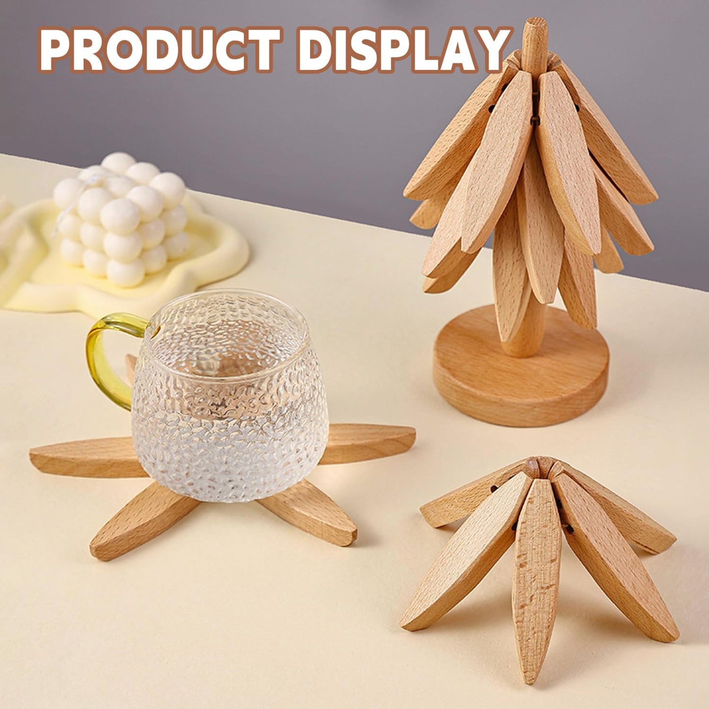Natural Tree Trivet Set - 4 bamoo Trivets & 1 Stand Like a Christmas Tree