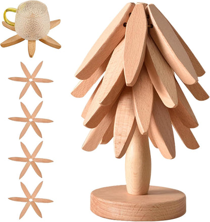 Natural Tree Trivet Set - 4 bamoo Trivets & 1 Stand Like a Christmas Tree