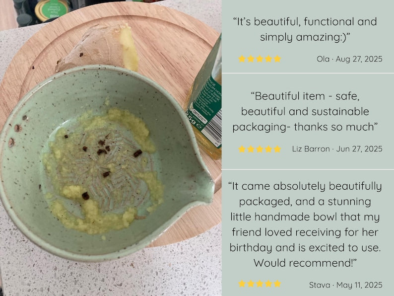 Greenish blue garlic grater plate with herb stripper and spout in matte speckled finish